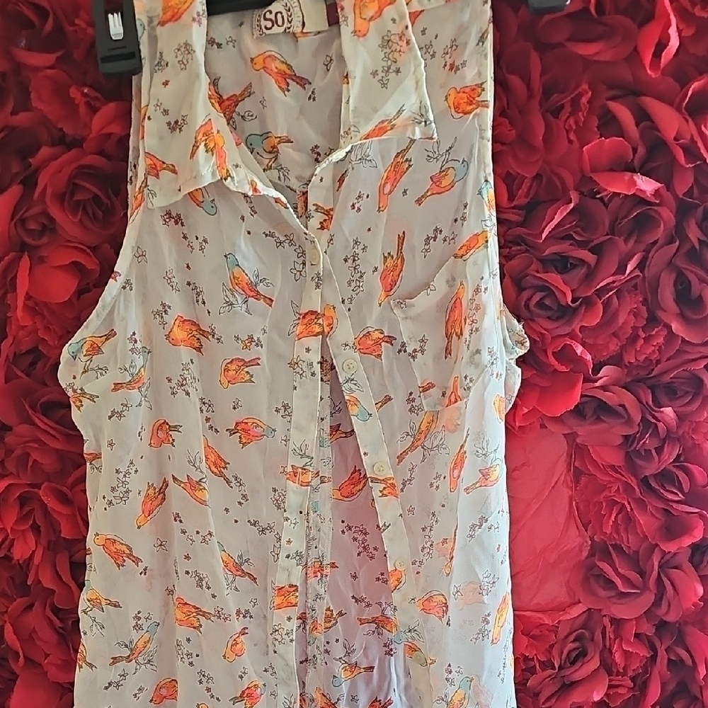 SO Girls Sleeveless Floral Top - With Orange Bird Detail Sheer Button Up Size L